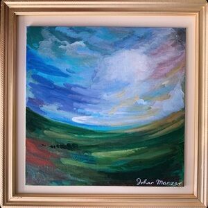 Original Acrylic Signed Abstract Landscape Painting Blue Green Colors Framed